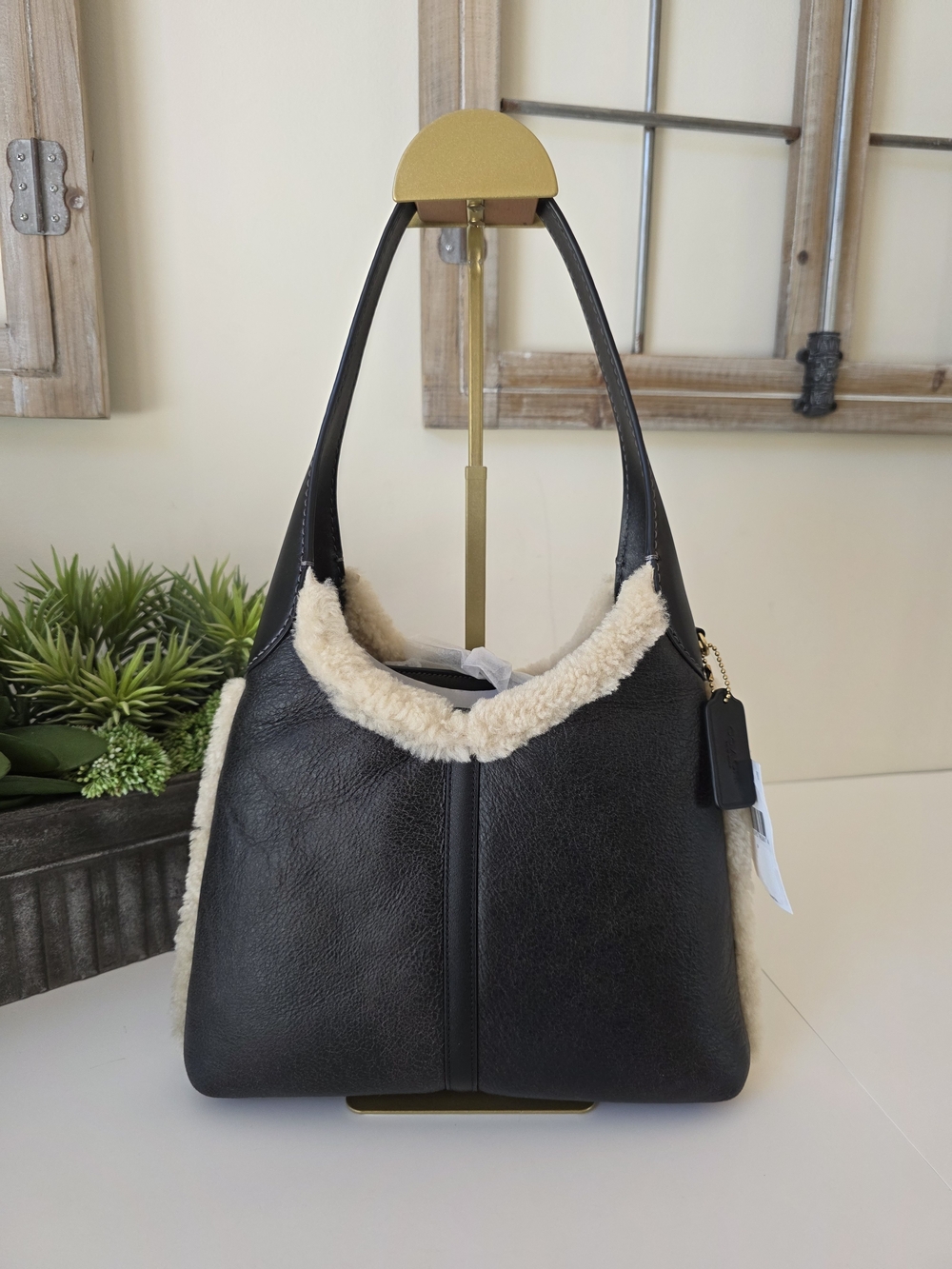 Coach Brooklyn 28 Soft Black Leather Shearling Shoulder Bag Pouch NEW